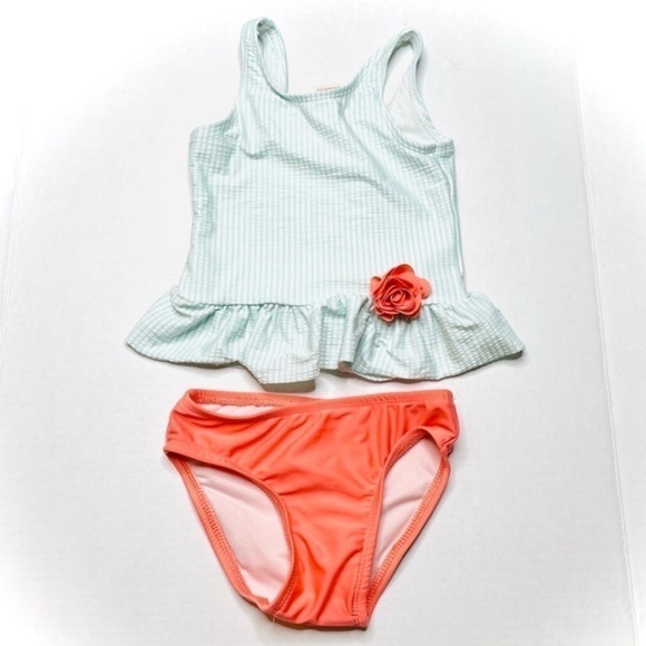 cat & Jack Mint & Coral Flower Stripe Tankini - Picture 1 of 6